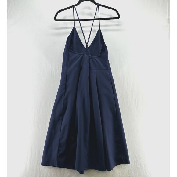 Elia Cher Midi Dress Sz L Pleated V-Neck Adjustable Crossback Strap Pleated Navy - Picture 2 of 14